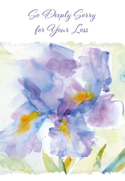Front of purple iris sympathy card, watercolor design with 'So Deeply Sorry for Your Loss' text.