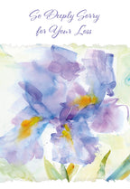 Front of a comforting greeting card featuring a watercolor painting of vibrant purple irises and the message 'So Deeply Sorry for Your Loss' in elegant script.