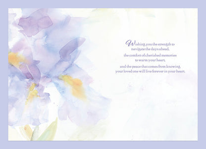 Inside of purple iris sympathy card, watercolor floral design with comforting message for loss.