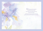 Inside of a thoughtful bereavement card displaying a gentle watercolor iris design on the left, with a heartfelt message on the right: 'Wishing you the strength to navigate the days ahead, the comfort of cherished memories to warm your heart, and the peace that comes from knowing, your loved one will live forever in your heart.'