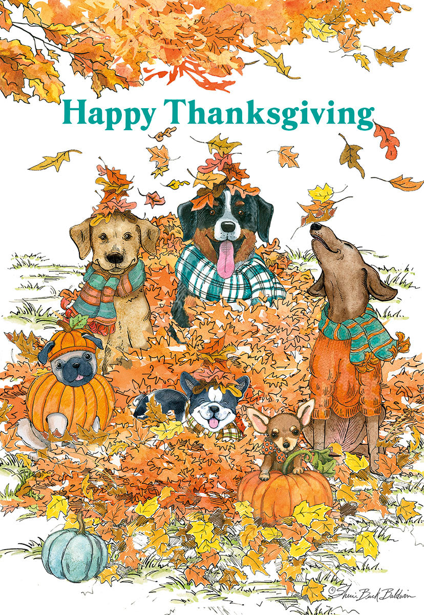 Happy Thanksgiving Dogs in Leaf Pile Thanksgiving Card