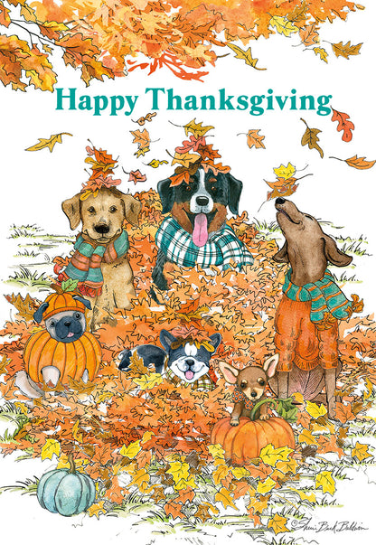 Happy Thanksgiving Dogs in Leaf Pile Thanksgiving Card