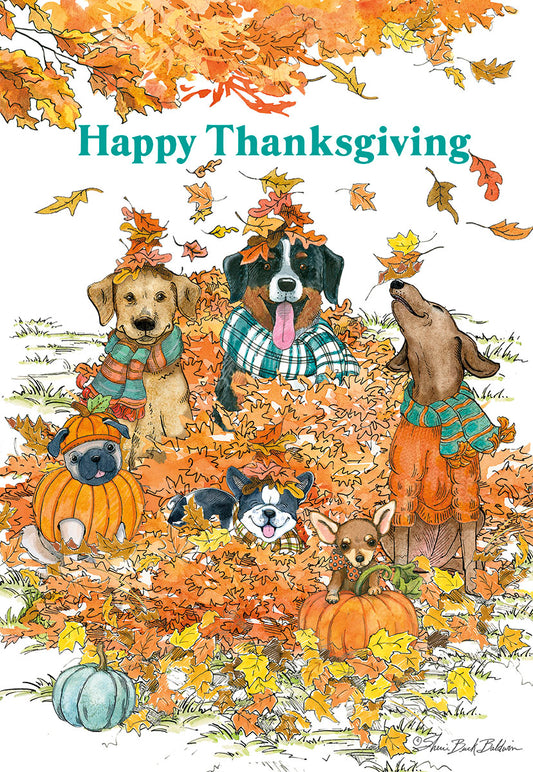 Happy Thanksgiving Dogs in Leaf Pile Thanksgiving Card