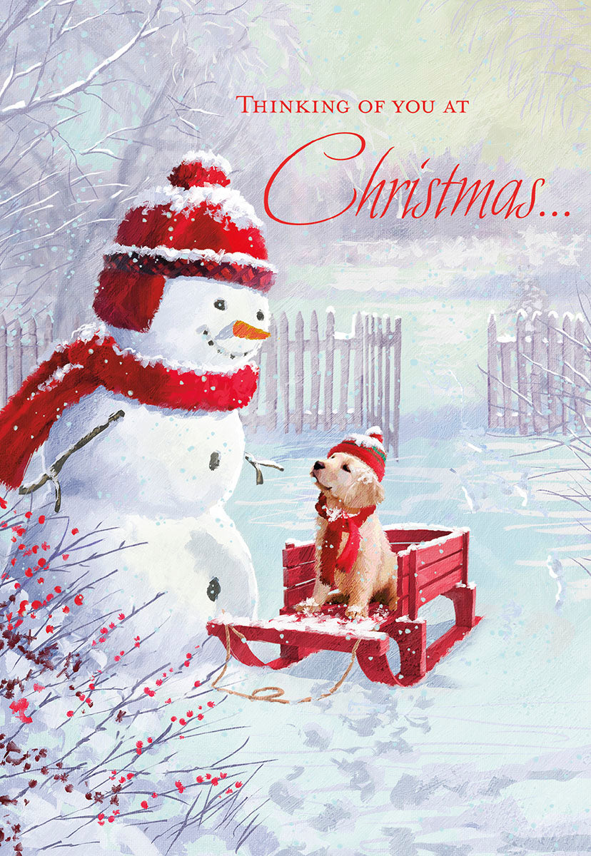 Thinking of You... Snowman and Dog in Sled Christmas Card