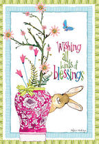 Front of a cheerful spring greeting card featuring a decorative pink vase with blooming flowers, a blue butterfly, and a curious brown bunny peeking from behind. Text reads 'Wishing all kinds of blessings' on a white background with a striped border.