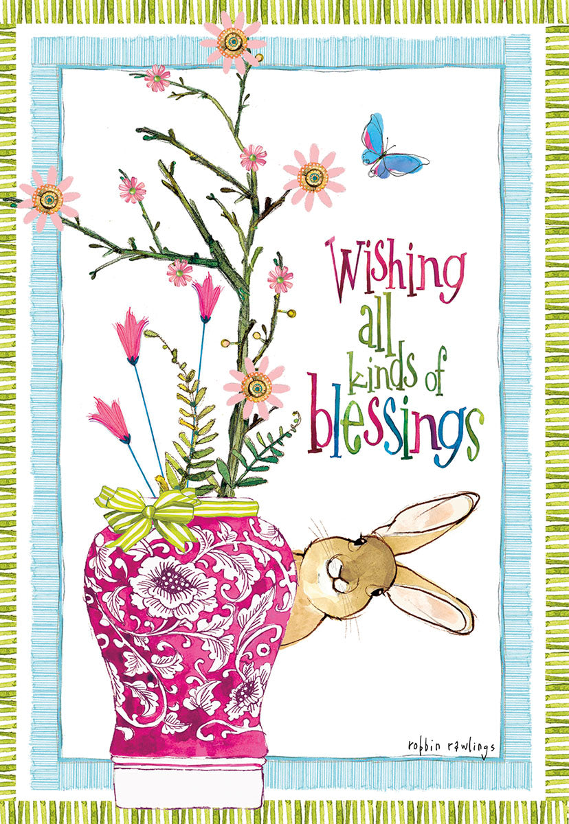 Front of a cheerful spring greeting card featuring a decorative pink vase with blooming flowers, a blue butterfly, and a curious brown bunny peeking from behind. Text reads 'Wishing all kinds of blessings' on a white background with a striped border.