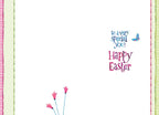 Inside of a thoughtful greeting card with minimal decoration, including three pink flowers at the bottom left. Message 'to a very special you! Happy Easter' and a blue butterfly are on the right side against a white background.
