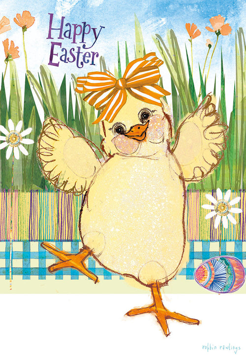 Cute illustrated Easter greeting card for kids featuring a happy yellow baby chick wearing an orange striped bow, standing in green grass with colorful flowers and a decorated Easter egg.