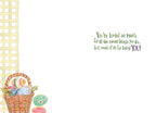 Inside of an Easter greeting card with a thoughtful message in green and purple script: 'You're loved so much for all the sweet things you do... but most of all for being YOU!'. A woven basket filled with colorful decorated Easter eggs is shown on the left against a checkered yellow background border.