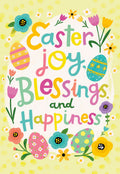 Vibrant yellow Easter greeting card with 'Easter joy, blessings and happiness' in colorful script, adorned with cheerful floral illustrations and decorative patterned eggs.