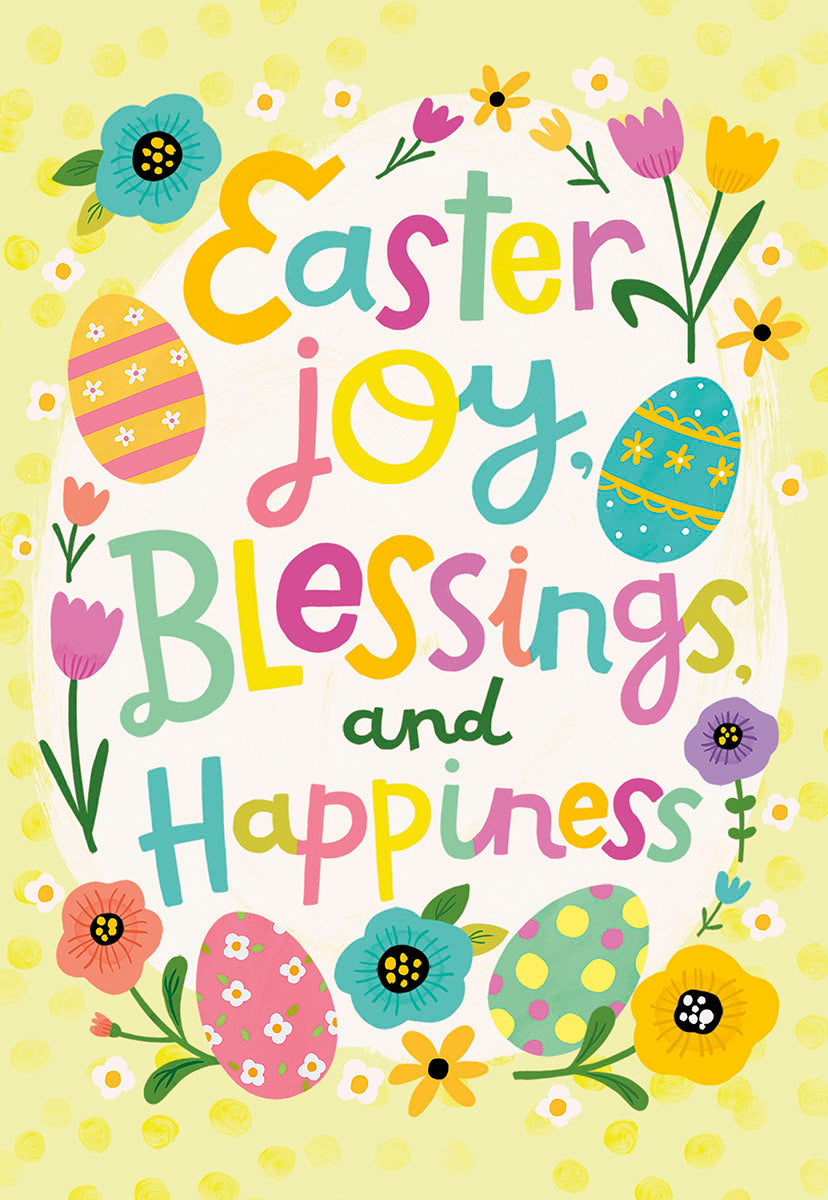 Vibrant yellow Easter greeting card with 'Easter joy, blessings and happiness' in colorful script, adorned with cheerful floral illustrations and decorative patterned eggs.