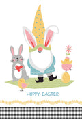 Whimsical children's spring greeting card featuring a gnome with bunny ears, a gray bunny holding a heart, and two yellow chicks amidst spring greenery, perfect for a child or young one.