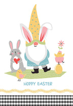 Whimsical children's spring greeting card featuring a gnome with bunny ears, a gray bunny holding a heart, and two yellow chicks amidst spring greenery, perfect for a child or young one.