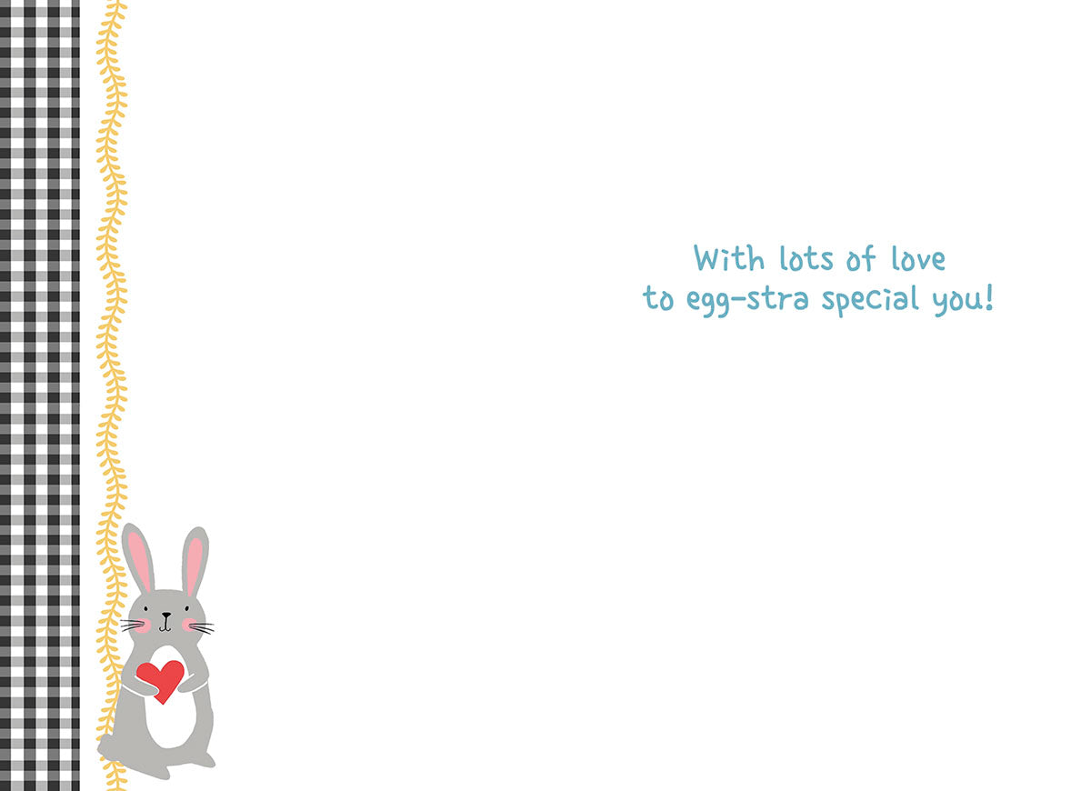 Inside of a cheerful spring greeting card with 'With lots of love to egg-stra special you!' message, featuring a black and white gingham border and a small gray bunny.