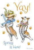Front of a cute spring greeting card featuring two dancing corgis, one in a straw hat with a blue plaid scarf and the other with a floral lei, surrounded by paw prints and text 'Yay! Spring is Here!'.