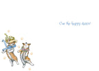 Interior of a joyful spring occasion card with two dancing corgi dogs on the bottom left corner, mirroring the front design, and the message 'Cue the happy dance!' in blue script on the right side.