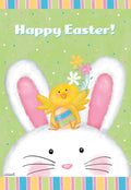 Front of a cheerful Easter greeting card for kids, featuring a fluffy white bunny with pink ears and a happy yellow chick wearing a striped eggshell, holding a bouquet of colorful spring flowers. "Happy Easter!" is written above on a pastel green background with playful polka dots.