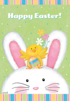 Front of a cheerful Easter greeting card for kids, featuring a fluffy white bunny with pink ears and a happy yellow chick wearing a striped eggshell, holding a bouquet of colorful spring flowers. "Happy Easter!" is written above on a pastel green background with playful polka dots.