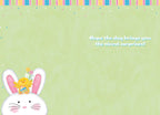 Inside view of a cheerful children's holiday card, revealing a partial view of the cute bunny and chick illustration on a soft green background, with a warm message: 'Hope the day brings you the nicest surprises!' Ideal for sending happy wishes.
