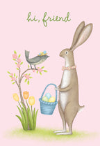 Charming greeting card for friends featuring a cute bunny holding a blue basket with pastel eggs, a small bird wearing a hat on a blooming branch with yellow tulips, and 'hi, friend' text on a light pink background.