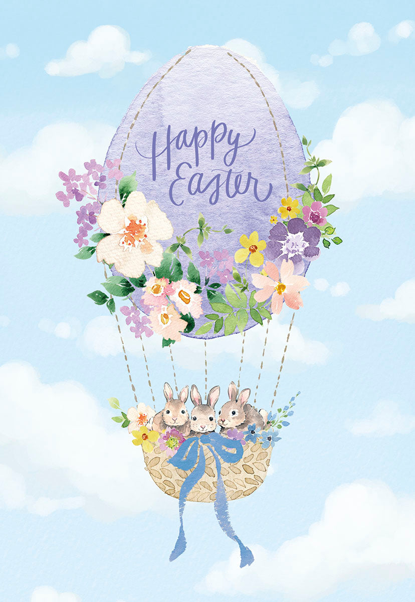 Front of a watercolor spring greeting card featuring a lilac egg-shaped hot air balloon adorned with vibrant spring flowers. Three adorable bunnies peek from the basket, suspended against a bright blue sky with fluffy clouds. Perfect for children or anyone who loves cute designs.
