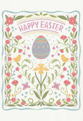 Delightful Easter greeting card front with a decorative egg, two yellow birds, pink roses, green leaves, and butterflies, featuring 'Happy Easter' text in a whimsical banner style.