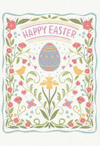 Delightful Easter greeting card front with a decorative egg, two yellow birds, pink roses, green leaves, and butterflies, featuring 'Happy Easter' text in a whimsical banner style.