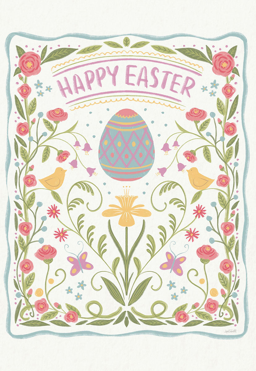 Delightful Easter greeting card front with a decorative egg, two yellow birds, pink roses, green leaves, and butterflies, featuring 'Happy Easter' text in a whimsical banner style.