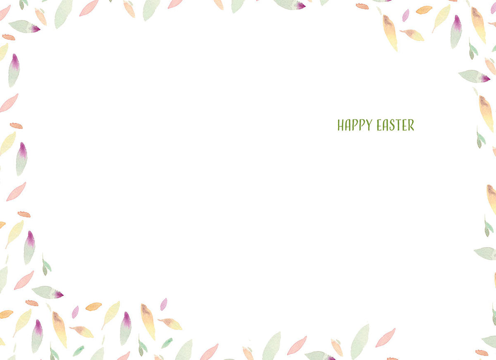 Inside of a greeting card with a simple border of scattered pastel watercolor leaves and the message 'HAPPY EASTER' on the right, perfect for personalizing.