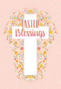 Religious Easter greeting card featuring a floral cross with 'Easter Blessings' in elegant script, surrounded by vibrant spring flowers and sun rays on a soft pink background. Perfect for sending spiritual sentiments.