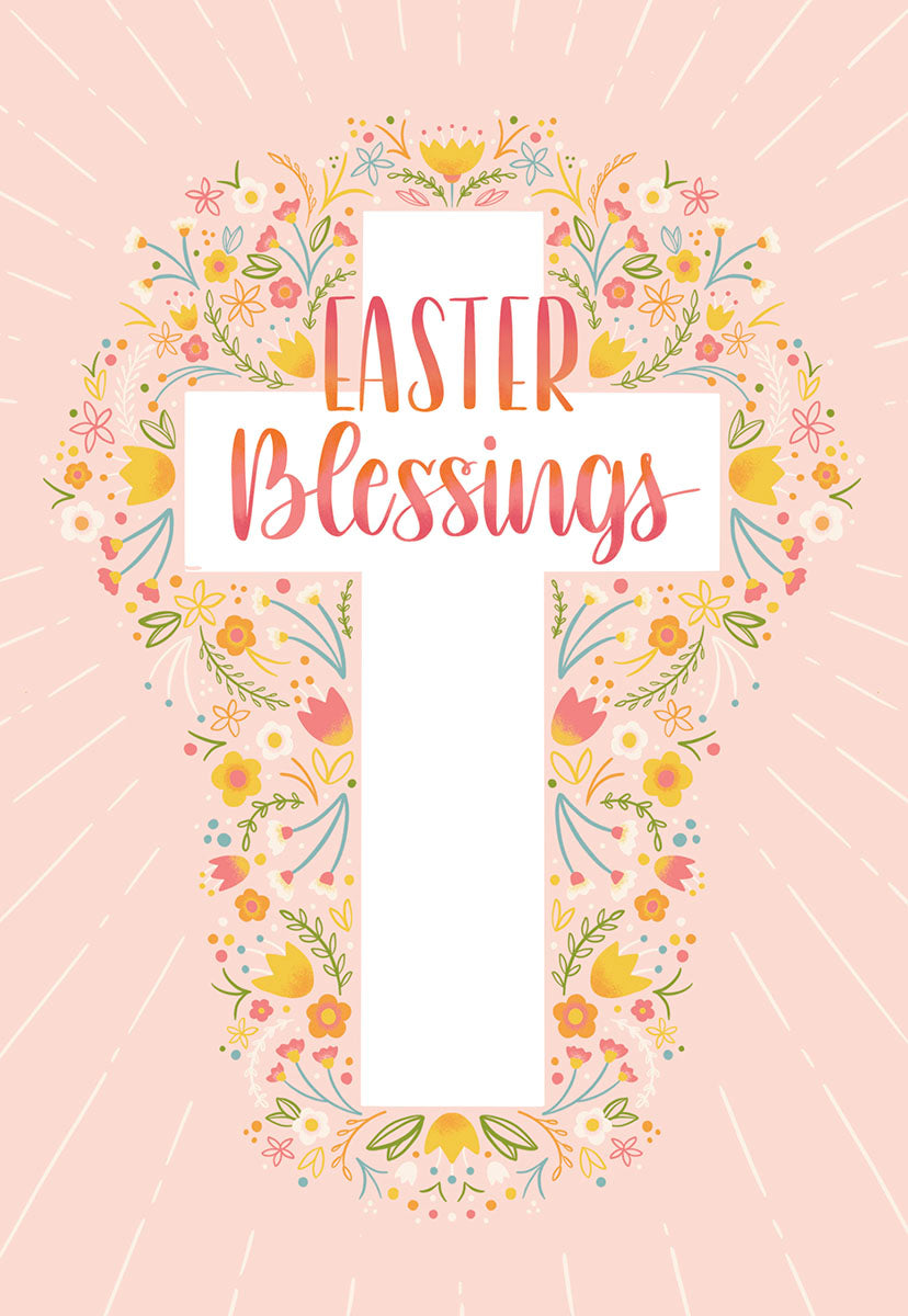 Religious Easter greeting card featuring a floral cross with 'Easter Blessings' in elegant script, surrounded by vibrant spring flowers and sun rays on a soft pink background. Perfect for sending spiritual sentiments.
