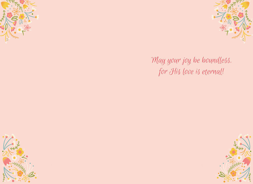 Inside view of a religious greeting card with the message 'May your joy be boundless, for His love is eternal!' in elegant script, framed by delicate spring floral designs in the corners on a pale pink background.