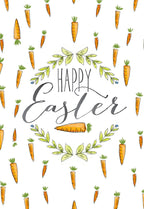 Front of a white Easter greeting card adorned with a watercolor pattern of scattered orange carrots. The center features elegant script reading 'Happy Easter' enclosed in a delicate watercolor wreath of green leaves and blue berries, with a single carrot at the bottom.