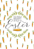 Front of a white Easter greeting card adorned with a watercolor pattern of scattered orange carrots. The center features elegant script reading 'Happy Easter' enclosed in a delicate watercolor wreath of green leaves and blue berries, with a single carrot at the bottom.