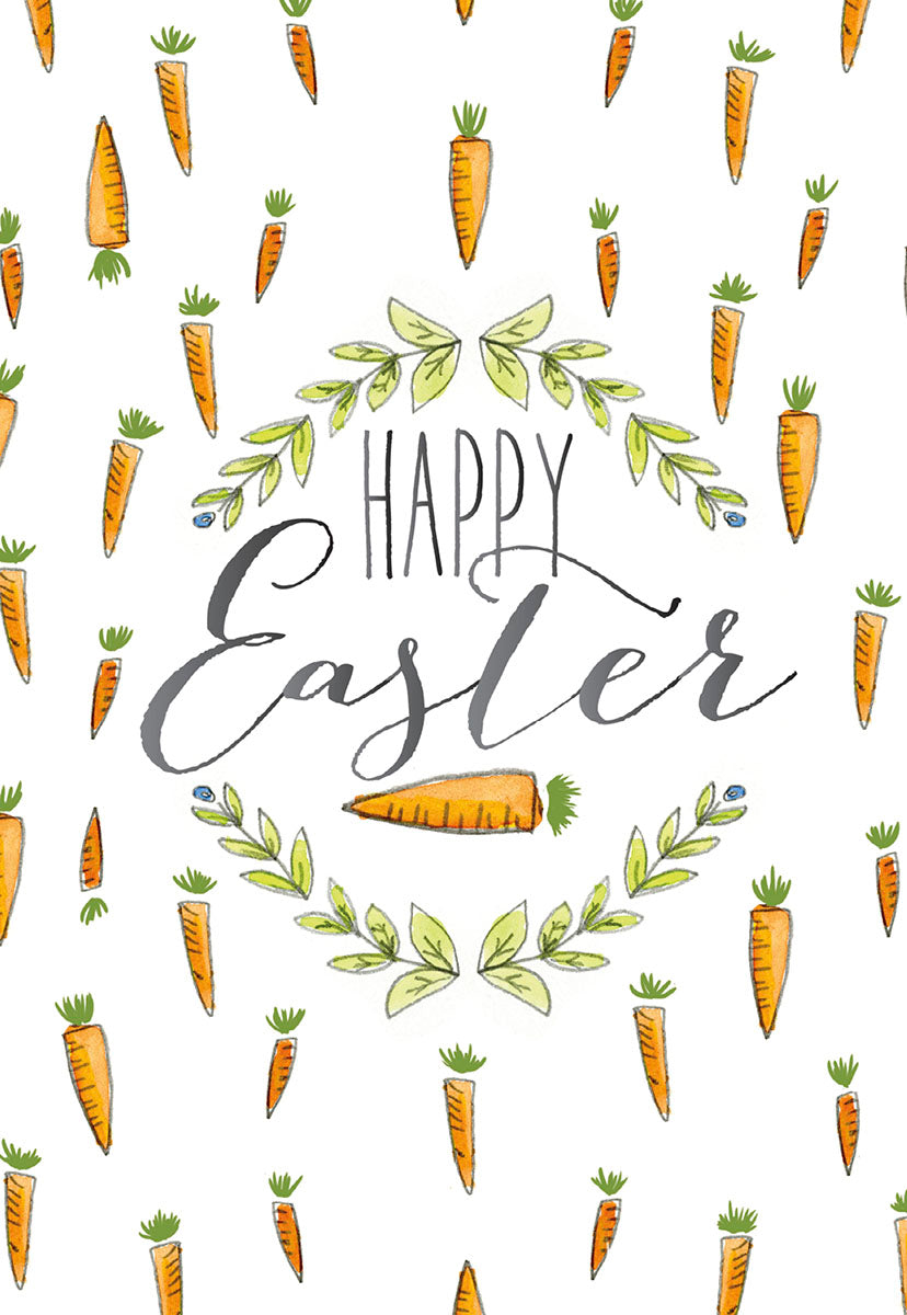 Front of a white Easter greeting card adorned with a watercolor pattern of scattered orange carrots. The center features elegant script reading 'Happy Easter' enclosed in a delicate watercolor wreath of green leaves and blue berries, with a single carrot at the bottom.