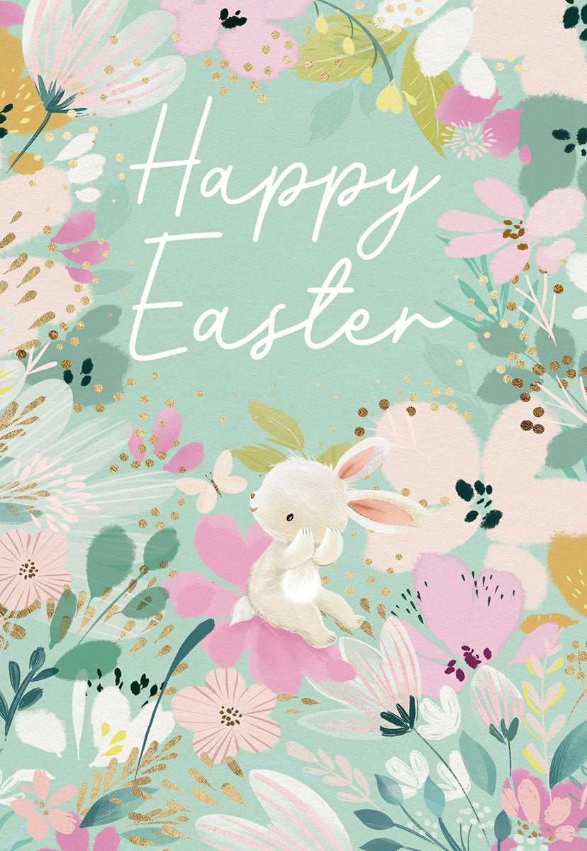 Adorable Easter greeting card with a cute white bunny sitting amongst vibrant pink, white, and gold floral spring illustrations, featuring 'Happy Easter' in elegant script.