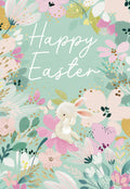 Adorable Easter greeting card with a cute white bunny sitting amongst vibrant pink, white, and gold floral spring illustrations, featuring 'Happy Easter' in elegant script.