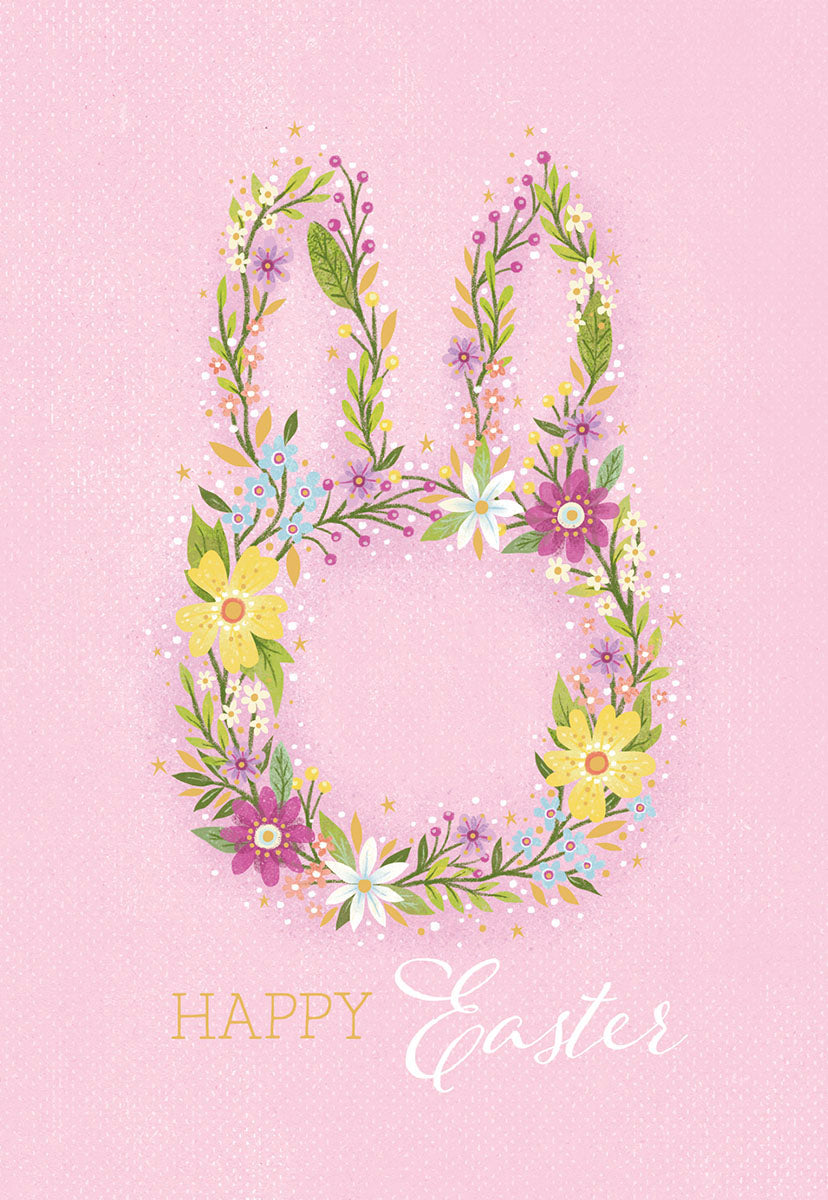 Charming Easter greeting card with a whimsical bunny silhouette crafted from vibrant spring flowers on a soft pink background, featuring 'Happy Easter' text.