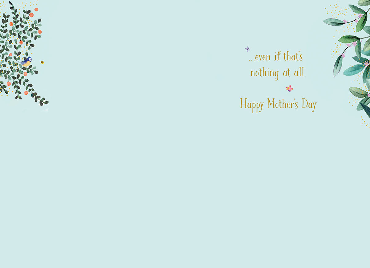 Inside view of a Mother's Day greeting card with a delicate floral border and light blue background, revealing the concluding message: '...even if that's nothing at all. Happy Mother's Day'.