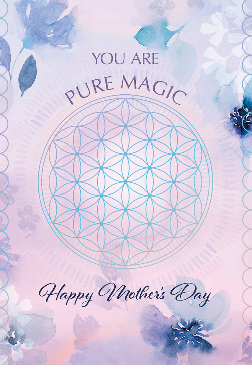 Mother's Day greeting card with 'You are pure magic' and 'Happy Mother's Day' text, featuring a mystical Flower of Life symbol, serene purple and blue watercolor flowers on a gradient background. Perfect for mom.