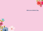 Inside of a pink greeting card featuring floral corner accents and 'With Love on Mother's Day' message, ready for personal sentiments.