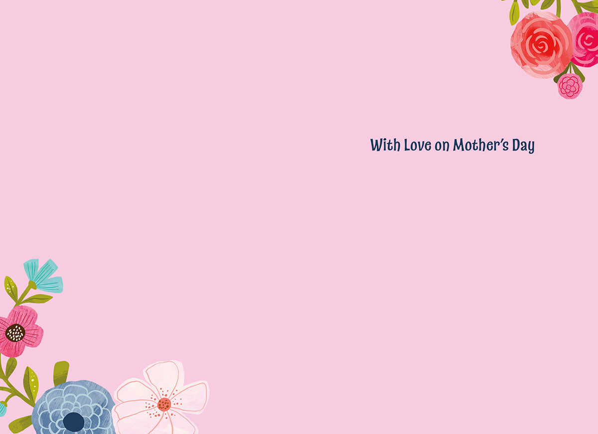 Inside of a pink greeting card featuring floral corner accents and 'With Love on Mother's Day' message, ready for personal sentiments.