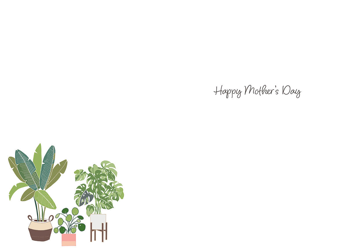 Inside view of a white greeting card featuring a small cluster of green potted plants in the bottom left and elegant script 'Happy Mother's Day' on the right.