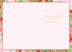 Inside of a Mother's Day greeting card with a light pink background, bordered by a strawberry and leaf pattern, featuring the golden text 'Wishing you a day filled with sweetness and joy! Happy Mother's Day'.