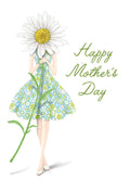 Whimsical floral Mother's Day greeting card featuring a woman with a large white daisy head, wearing a green and blue polka dot dress, holding a leafy stem, with 'Happy Mother's Day' text. Perfect for celebrating a wonderful woman.
