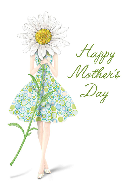 Mother's Day card front with whimsical flower-headed woman in a patterned dress, holding a stem. Text: 'Happy Mother's Day'.