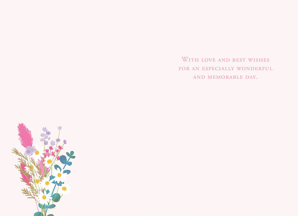 Inside of a Mother's Day greeting card with a small bouquet of wildflowers in the bottom left corner and heartfelt wishes on the right: 'With love and best wishes for an especially wonderful and memorable day.'