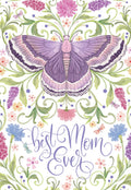 Elegant Mother's Day greeting card featuring a large purple moth surrounded by delicate pink, blue, and purple flowers with green foliage, and the script 'Best Mom Ever'.