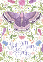 Elegant Mother's Day greeting card featuring a large purple moth surrounded by delicate pink, blue, and purple flowers with green foliage, and the script 'Best Mom Ever'.