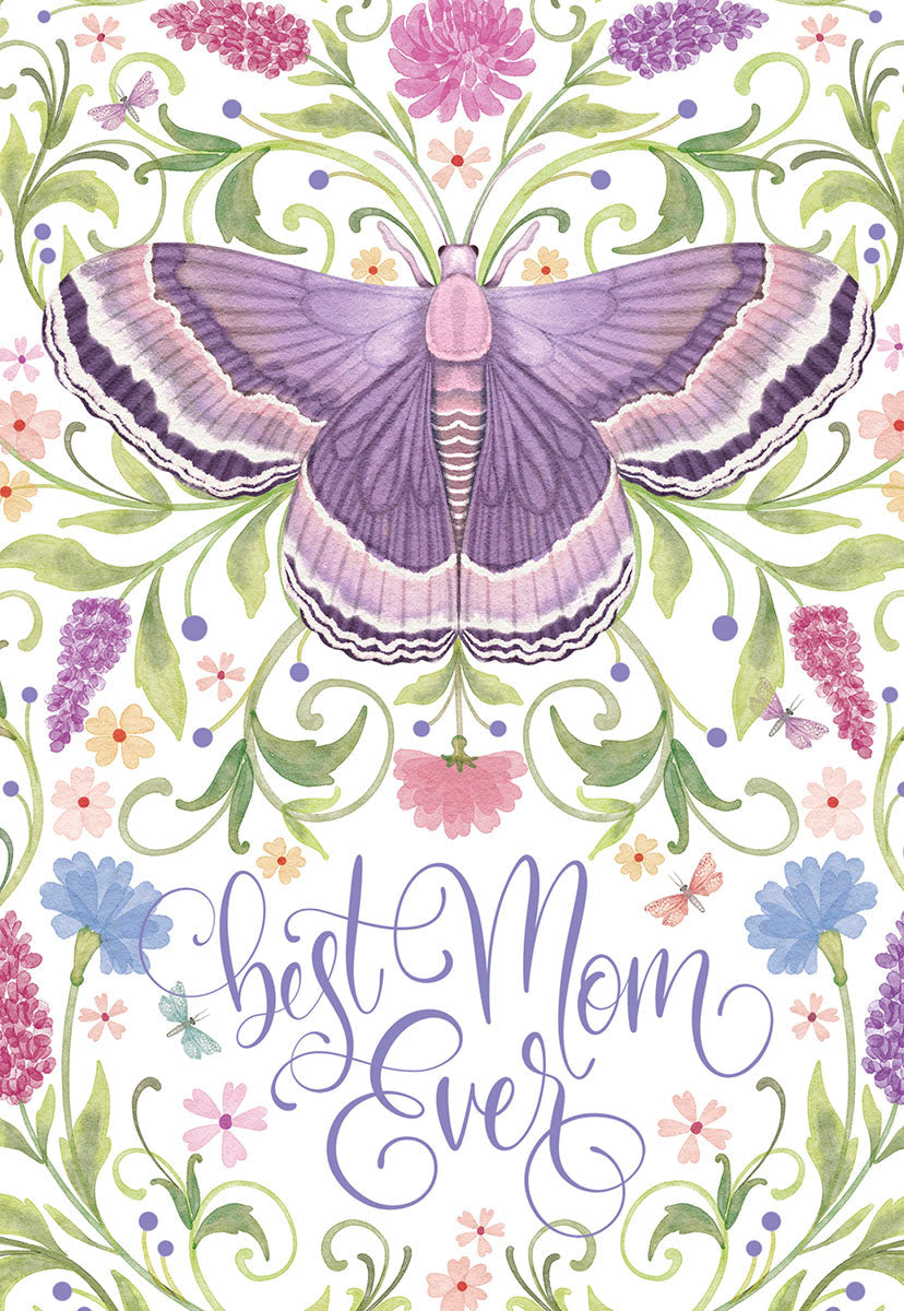 Elegant Mother's Day greeting card featuring a large purple moth surrounded by delicate pink, blue, and purple flowers with green foliage, and the script 'Best Mom Ever'.